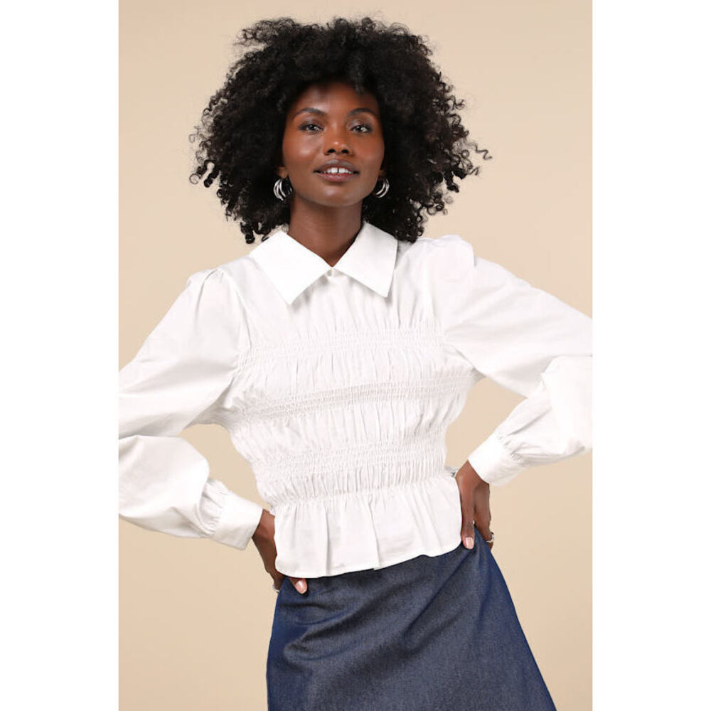 Lulus Poised Esteem White Cotton Smocked Collared Long Sleeve Top - Size M